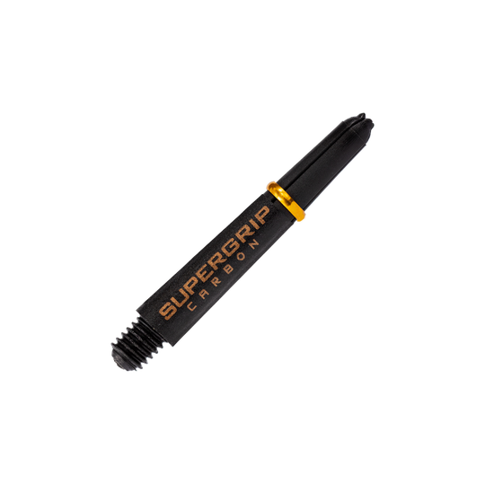 HR351_Harrows_Supergrip_Carbon_Shafts_Gold_33mm_2 Das Bild zeigt einen Harrows Supergrip Carbon Shaft in der Farbe Gold. Der Schaft ist schwarz mit goldenen Akzenten und dem Aufdruck "SUPERGRIP CARBON".