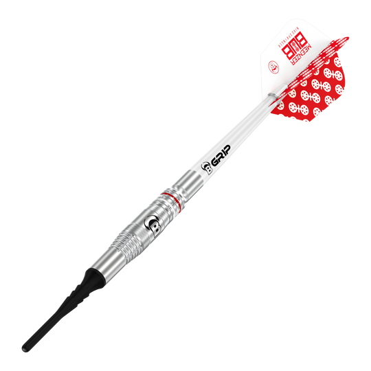 Das Bild zeigt einen Bulls Niko Springer Softdart mit einem Gewicht von 22g. Der Dart hat einen silbernen Schaft, schwarze Spitze und weiße Flights mit rotem Muster.