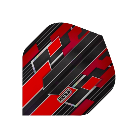 P38_Pentathlon_Gilded_Standard_Flights_Rot_1 Das Bild zeigt das Pentathlon Gilded Standard Flight in Rot. Das Design besteht aus roten, schwarzen und silbernen geometrischen Mustern mit dem Pentathlon-Logo in der Mitte.