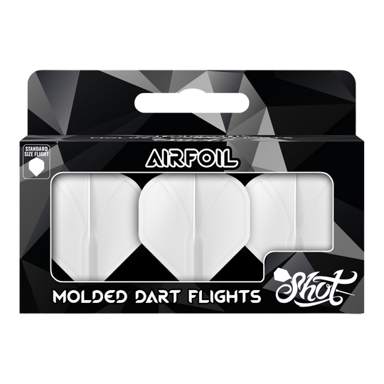 Die Verpackung zeigt drei weiße, geformte Dart-Flights der Marke Shot. Auf der Vorderseite steht „Airfoil – Molded Dart Flights“ in großen Buchstaben.