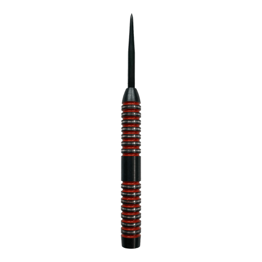 McDart Crimson Steeldart Barrels Das Bild zeigt einen McDart Crimson Steeldart Barrel mit schwarzem und rotem Design. Der Barrel hat eine gerillte Oberfläche für besseren Halt.