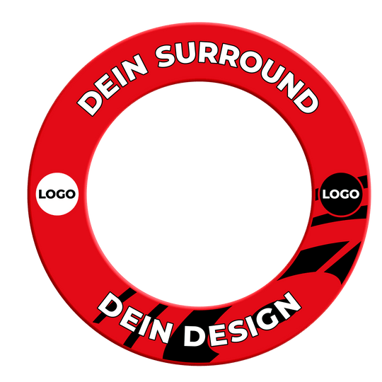 Dartboard surround with your design Das Bild zeigt ein rotes Dartboard-Surround. Es dient als Schutz rund um das Dartboard.