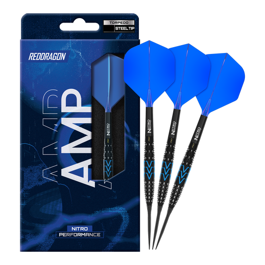 Hier ist der Red Dragon Amp Torpedo Steeldarts abgebildet. Es handelt sich um komplette Steeldarts in sportlichem Look.