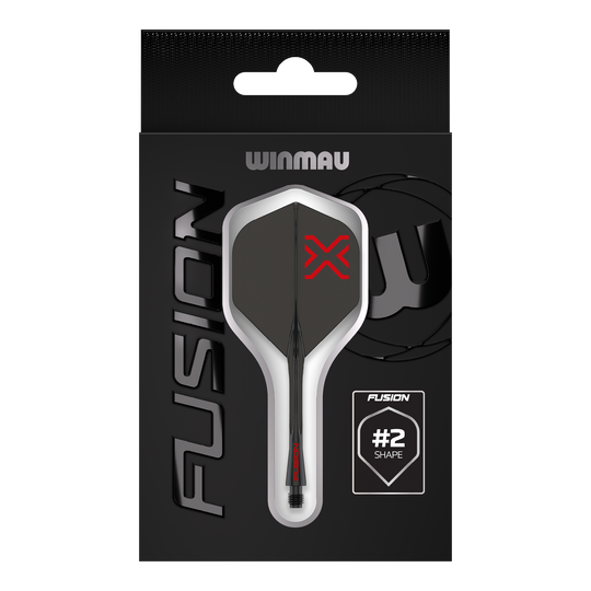 Winmau Fusion Blade X No2 Standard Flight Shaft System - Black Das Bild zeigt das Winmau Fusion Blade X No2 Standard Flight-Shaft-System in Schwarz. Es verbindet ein Flight mit einem Schaft in elegantem, schwarzem Design.