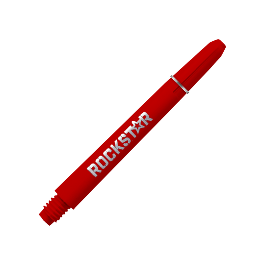 Das Bild zeigt einen roten Schaft mit der Aufschrift "ROCKSTAR". Es handelt sich um das Produkt "Rockstar Shafts - 49mm".