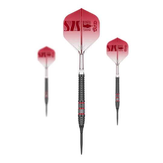 Das Bild zeigt ein Set der Target Nathan Aspinall 95K Swiss Point Steeldarts. Die gesamte Produktzusammenstellung ist sichtbar.