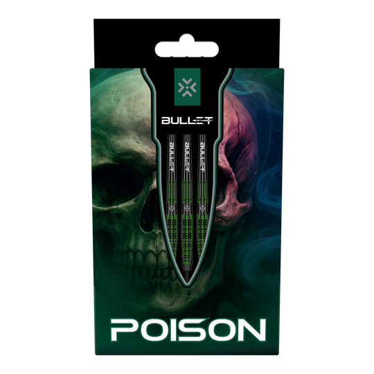 Das Bild zeigt die Bullet Poison Steeldarts. Diese Steeldarts sind für präzises Dartspiel entwickelt.