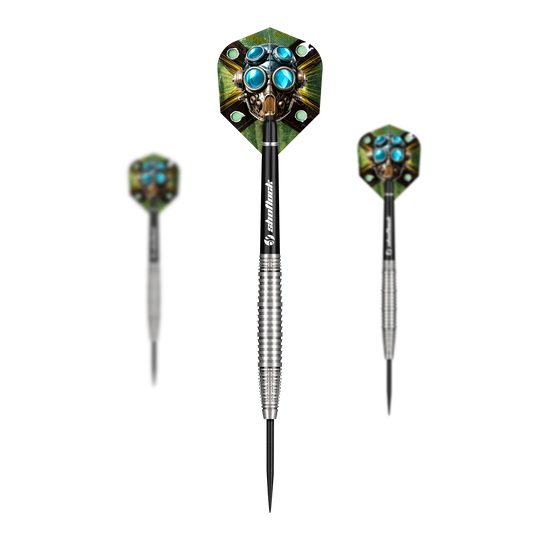 Hier sieht man die Shot Badlands Krush Steeldarts als Set. Das Produkt eignet sich für professionelle Dartspieler.
