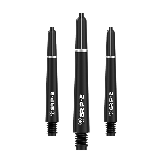 Das Bild zeigt drei schwarze Bulls B-Grip-2 SL Shafts für Darts. Sie sind in unterschiedlichen Längen angeordnet und haben eine weiße Beschriftung.