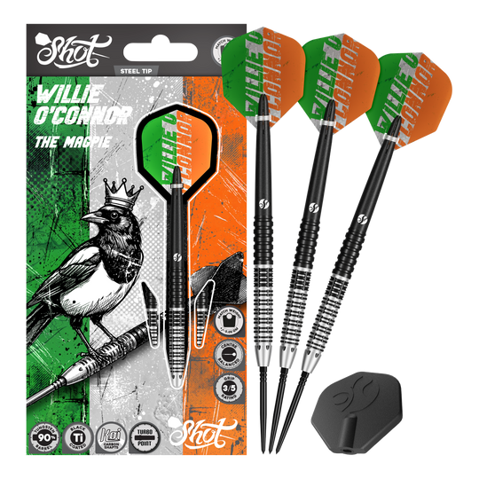 Shot Pro Series Willie O'Connor Magpie Turbo Point Steeldarts Das Bild zeigt mehrere Dartpfeile in einer seitlichen Ansicht. Die Pfeile sind ordentlich angeordnet.