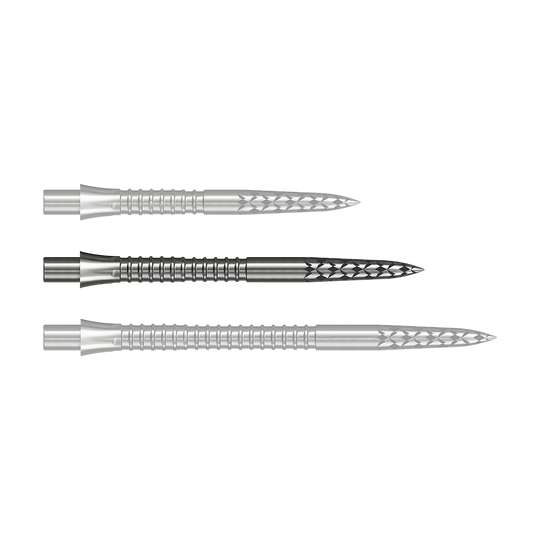 Dieses Bild zeigt eine Steeldartspitze in Silber mit 32 mm Länge. Es stammt aus der Datei M002128_Missoin_Caliburn_EVO_GV-Logo_Steeldartspitzen_Silber_32mm_1.