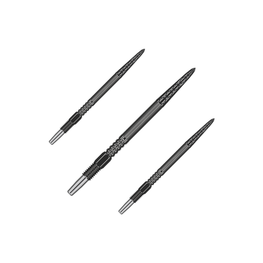 Target Swiss Point DX dart tips - Black Das Bild zeigt drei schwarze Dartspitzen, die nebeneinander angeordnet sind. Sie haben ein geriffeltes Design und eine spitze Form.