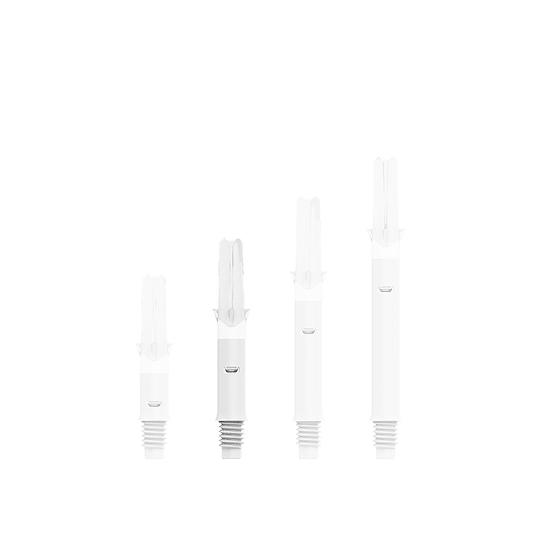 L-L-Style-Shafts Silent Straight - White Auf dem Bild sind vier weiße Dartschäfte in unterschiedlichen Längen zu sehen. Sie stehen nebeneinander aufrecht auf gereiht.