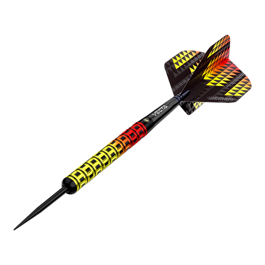Winmau Firestorm Flame Parallel Steeldarts Das Bild zeigt einen Winmau Firestorm Flame Parallel Steeldart. Der Dart hat ein auffälliges Design mit einem Griff in Gelb, Rot und Schwarz sowie passenden Flight-Mustern.