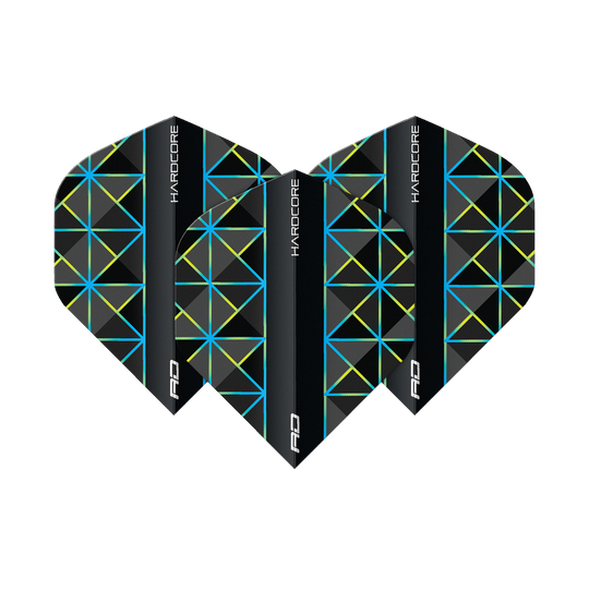 Das Bild zeigt drei Dart-Flights des Modells "Red Dragon Hardcore Dragonfly 95 No2 Standard". Die Flights sind schwarz mit blauen und gelben geometrischen Linienmustern gestaltet.