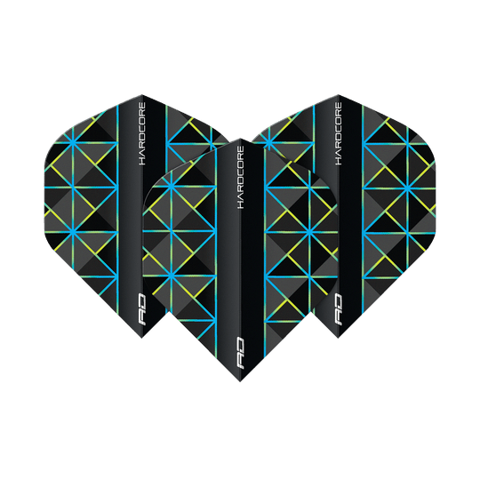 Red Dragon Hardcore Dragonfly 95 No2 Standard Flights Das Bild zeigt drei Dart-Flights des Modells "Red Dragon Hardcore Dragonfly 95 No2 Standard". Die Flights sind schwarz mit blauen und gelben geometrischen Linienmustern gestaltet.