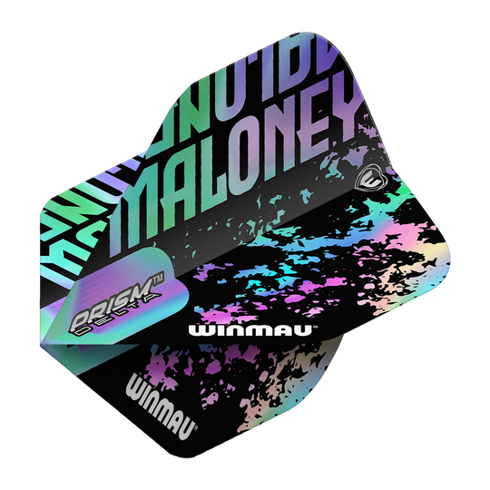 Das Bild zeigt ein Winmau Prism Delta Mike Maloney Standard Flight. Das Design ist in Schwarz gehalten mit bunten, schimmernden Akzenten und dem Namen "Maloney" in großen Buchstaben.