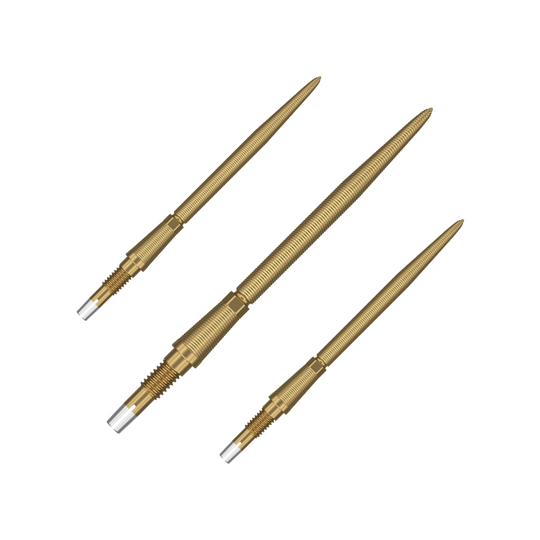 Target Swiss Storm Nano Point Dartspitzen - Gold Ein Set goldfarbener Dartspitzen mit feiner Struktur ist dargestellt. Die Spitzen werden nebeneinander präsentiert.