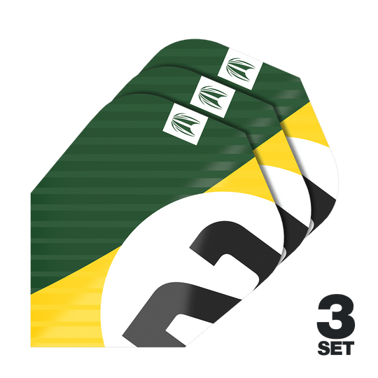 Das Bild zeigt drei Dart-Flights im grünen, gelben und weißen Design. Unten rechts steht "3 SET", was auf drei Sets hinweist.