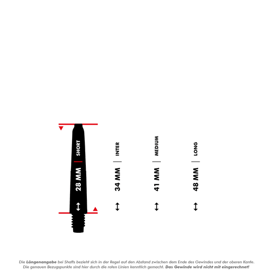 Das Bild zeigt die McDart Scope Nylon Shafts in verschiedenen Längen. Die verfügbaren Längen sind 28 mm (Short), 34 mm (Inter), 41 mm (Medium) und 48 mm (Long).