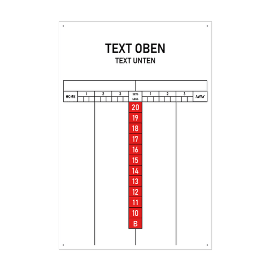 Das Bild zeigt ein Scoreboard mit individuellen Druckmöglichkeiten in der Größe 40 x 60 cm. In der Mitte sind rote Zahlen von 20 bis 10 sowie ein Feld mit "B" angeordnet, und oben gibt es Platz für eigenen Text.