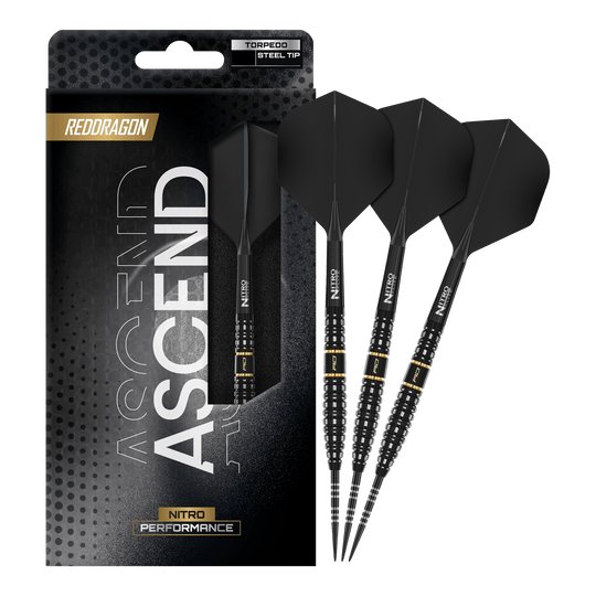 Red Dragon Ascend Torpedo Steel Darts Zu sehen ist das komplette Set der Red Dragon Ascend Torpedo Steeldarts. Die Aufnahme zeigt alle enthaltenen Komponenten des Produkts.