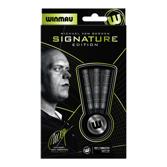 Abgebildet sind die Winmau Michael Van Gerwen Signature Edition Softdarts mit 20g Gewicht. Die Aufnahme zeigt drei einzelne Softdarts.