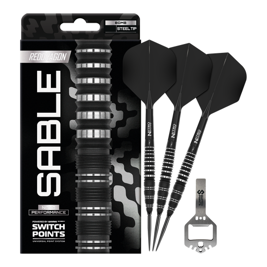 Das Bild zeigt Red Dragon Sable Bomb Switch Point Steeldarts in voller Ansicht. Diese Darts bieten eine ausgezeichnete Balance und Kontrolle.
