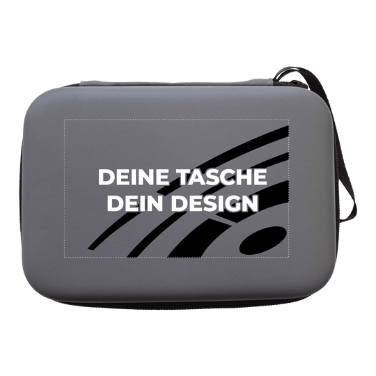System-4 dart case with your design Das Foto zeigt ein McDart System4 Dartcase in Grau. Das Etui ist teilweise geöffnet und gibt einen Einblick ins Innere.
