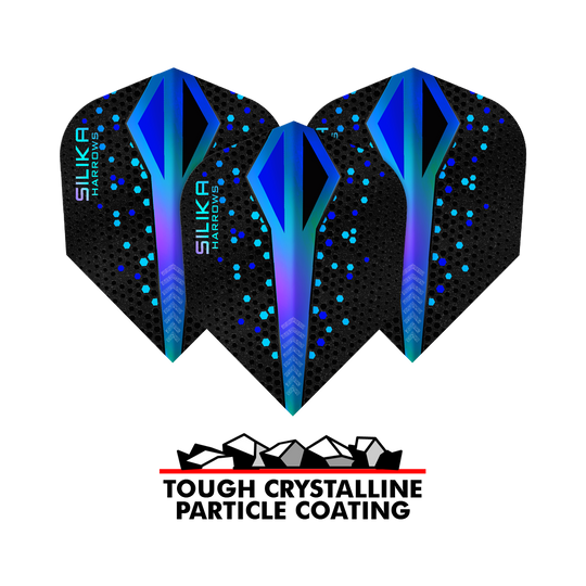 Harrows Silika Colorshift Tough Crystalline Coating Blue No6 Flights Das Bild zeigt drei Harrows Silika Colourshift Tough Crystalline Coating Blue No6 Flights. Darunter befindet sich ein Logo mit der Aufschrift "Tough Crystalline Particle Coating".