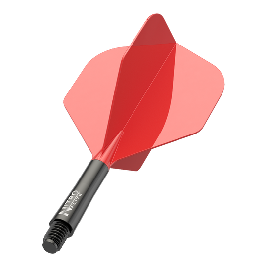 Zu sehen ist ein Nitro-Flite in Schwarz und Rot, Short Größe, 22 mm. Das Bild zeigt die Details und Farben des Dart-Flights.