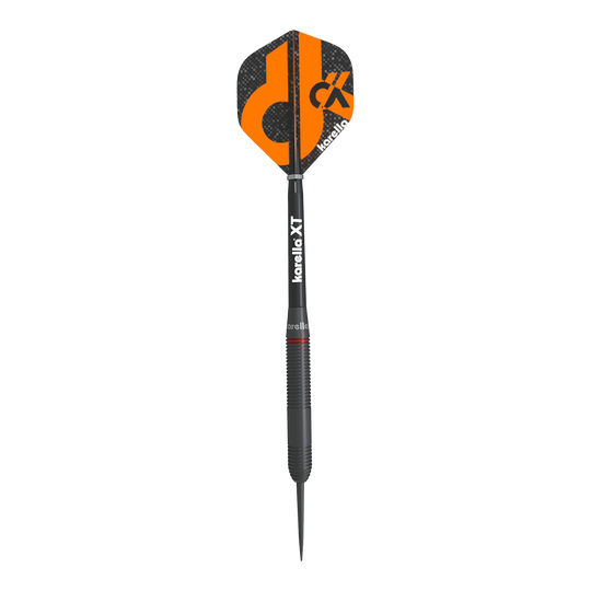 Karella Daniel Klose steel darts Der Karella Daniel Klose Steeldart ist ein schwarzer Dartpfeil mit orangem Design auf dem Flight. Auf dem Schaft steht "karella XT" und der Flight trägt das Karella-Logo.