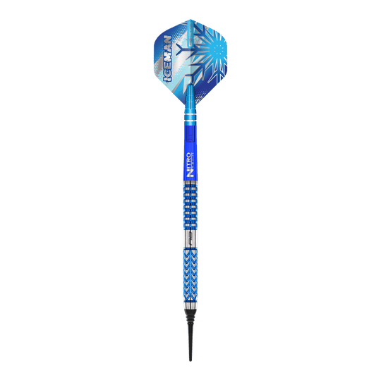 Red Dragon Gerwyn Price Glacier Softdarts - 18g Dieses Bild zeigt den Red Dragon Gerwyn Price Glacier Softdart mit einem Gewicht von 18g. Der Dart hat ein auffälliges blaues Design mit eisigen Mustern und dem Schriftzug "ICEMAN" auf der Flights.