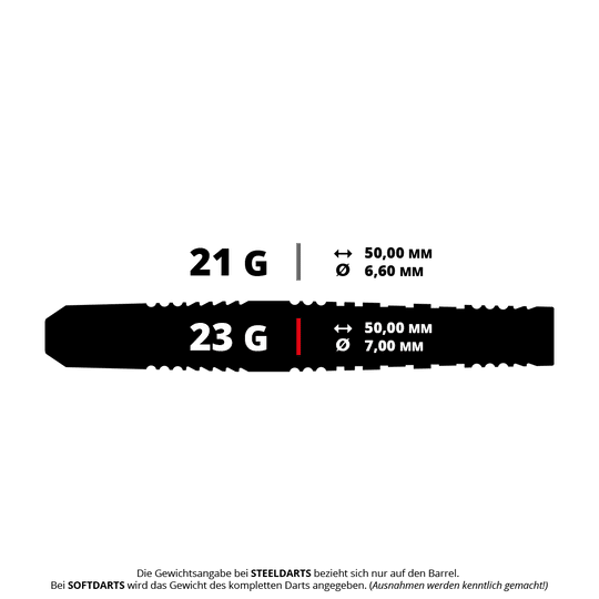 Das Bild zeigt zwei Dart-Gewichte mit ihren jeweiligen Maßen. Die 21g-Darts haben einen Durchmesser von 6,60 mm und die 23g-Darts einen Durchmesser von 7,00 mm, beide sind 50,00 mm lang.