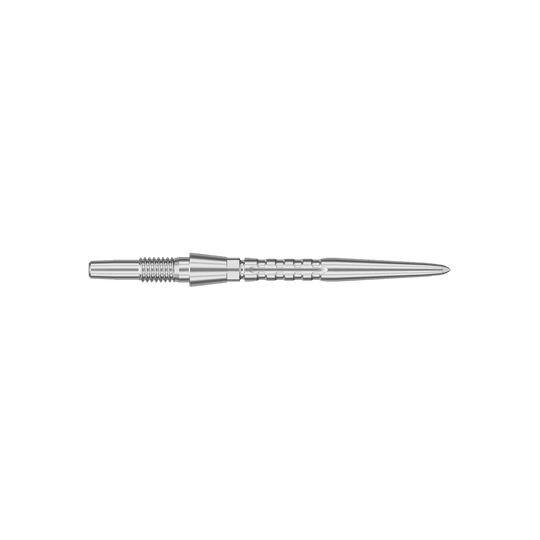 Target Swiss Point Storm Surge steel dart tips - silver Das Bild zeigt eine silberne Steeldartspitze mit feinen Rillen und einem spitzen Ende. Die Spitze ist schlank und hat eine Länge von 26 mm.