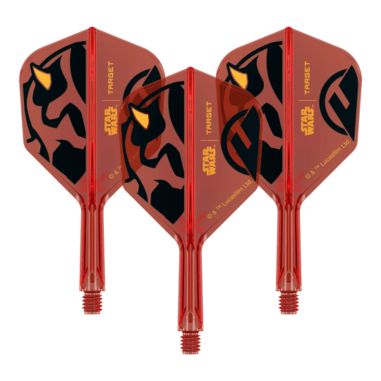 Target Star Wars K-Flex Darth Maul No6 Flights Ein Set von Dartflights mit Star Wars Motiv, wie im Dateinamen '410520_Target_StarWars_KFlex_DarthMaul_No6_Flights_Short_19mm_1Set' angegeben. Das Bild zeigt mehrere Flights im Darth Maul Design.