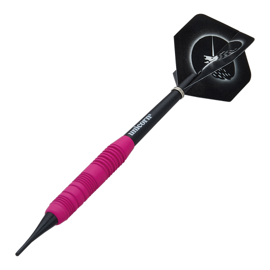 Das Bild zeigt einen pinken, gummierten Softdart namens "Unicorn Core Plus" mit einem Gewicht von 19g. Der Dartpfeil hat einen schwarzen Schaft und Flights mit einem Einhorn-Design.