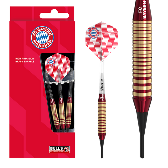Bulls FC Bayern Munich Brass Soft Darts - 18g Das Bild zeigt die Bulls FC Bayern München Brass Softdarts mit einem Gewicht von 18g. Das Produkt ist speziell für Fans des FC Bayern München entworfen.