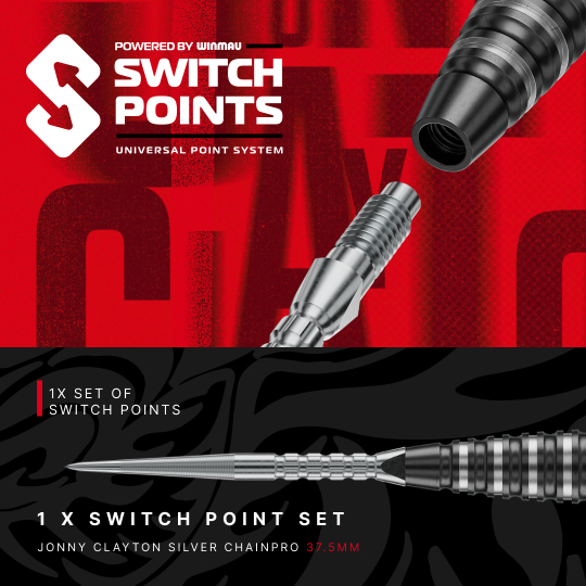 Red Dragon Jonny Clayton RD-PRO Switch Point Steel Darts Das Bild präsentiert Red Dragon Jonny Clayton RD-PRO Switch Point Steeldarts. Die Dartpfeile sind geordnet auf einer hellen Fläche zu sehen.