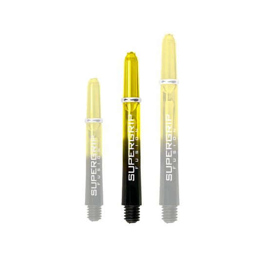 Das Bild zeigt drei Harrows Supergrip Fusion Shafts in der Farbe Gelb. Die Shafts sind unterschiedlich lang und haben einen schwarzen unteren Bereich.
