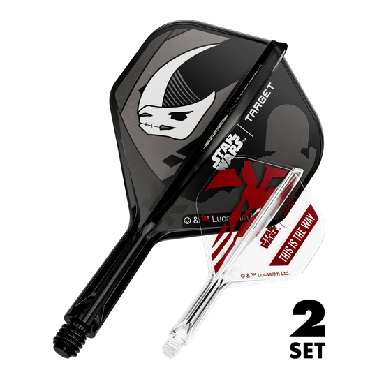 Target Star Wars K-Flex Set Mandalorian No2 Standard Flights Zu sehen sind zwei Dart-Flights im Mandalorianer-Design aus Star Wars. Dies ist das Set 'K-Flex Mandalorian 2PackSet No2 Standard Flights' mit 19mm.