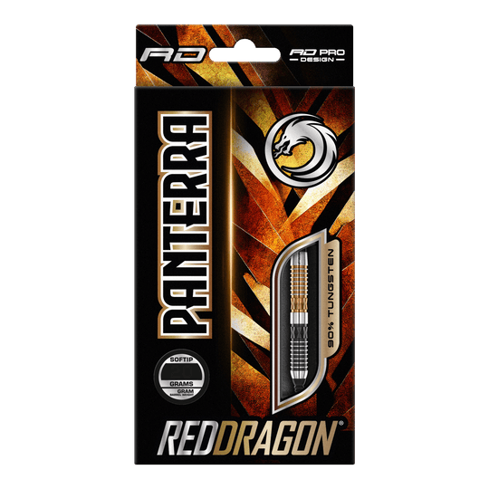Red Dragon Panterra soft darts - 20g Das Bild zeigt eine Verpackung der "Red Dragon Panterra Softdarts - 20g". Die Packung ist auffällig gestaltet und hebt den Schriftzug "Panterra" sowie das Red Dragon-Logo hervor.