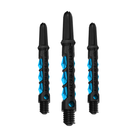 HR411_Harrows_Carbon_ST_Shafts_Aqua_40mm_14dmabHsPYm1me Das Bild zeigt drei Harrows Carbon ST Shafts in der Farbe Aqua. Die Dartschäfte sind schwarz mit blauen Akzenten und haben ein modernes Design.