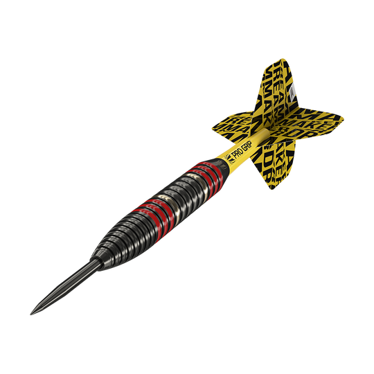 170007_Target_Dimitri_Van_Den_Bergh_Brass_Steeldarts_4vXtbQEeB95DX5 Das Bild zeigt einen Target Dimitri Van Den Bergh Brass Steeldart mit einem Gewicht von 22g. Der Dart hat eine schwarz-rote Griffstruktur und gelbe Flights mit schwarzem Aufdruck.