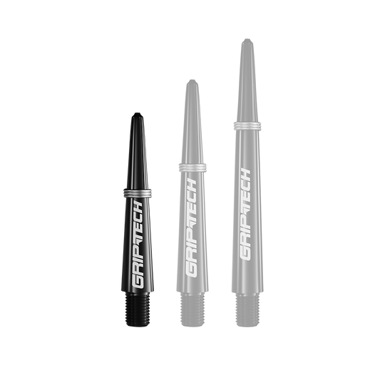 GOAT Griptech Shafts - Black Das Bild zeigt drei schwarze Dartschäfte in unterschiedlichen Längen mit der Aufschrift "GRIPTECH". Sie sind senkrecht nebeneinander angeordnet und haben ein schlichtes, modernes Design.