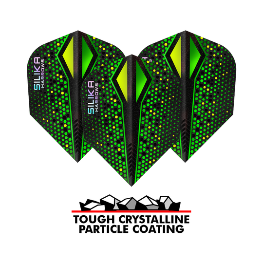 Harrows Silika Colorshift Tough Crystalline Coating Green-X No6 Flights Das Bild zeigt drei grüne Harrows Silika Colourshift Tough Crystalline Coating No6 Flights für Darts. Unten befindet sich ein Logo mit der Aufschrift „Tough Crystalline Particle Coating“.