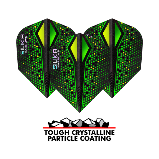 Harrows Silika Colorshift Tough Crystalline Coating Green-X No6 Flights Im Bild erkennbar sind die Harrows Silika Colourshift Tough Crystalline Coating Green-X No6 Flights. Auffällige Muster sind sichtbar.