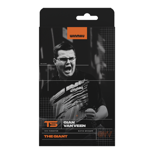 Winmau Gian Van Veen TS Switch Point steel darts Das Bild zeigt die Winmau Gian Van Veen TS Switch Point Steeldarts. Die Grafik stellt die Details der Darts dar.