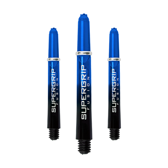 Das Bild zeigt drei blaue Harrows Supergrip Fusion Shafts. Die Shafts sind aus Kunststoff und haben einen glänzenden Schriftzug auf der Seite.