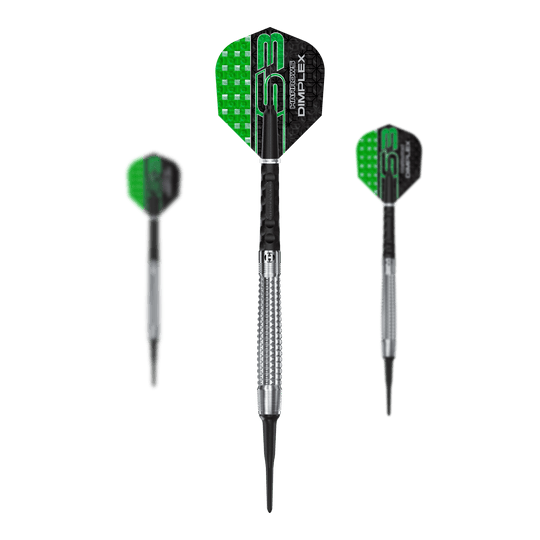 Harrows Dimplex S3 Tapered Soft Darts Das Set Harrows Dimplex S3 Tapered Softdarts wird gezeigt. Die Darts haben ein spezielles Griffdesign.